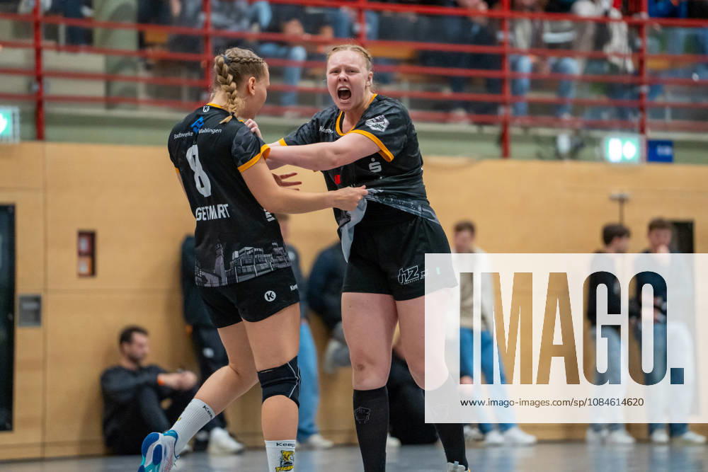 Handball I Women I 2026–2027 Season I 2nd Bundesliga I Matchday 6 I VfL Waiblingen vs. Bergischer HC I October 16, 2026 Kimberly Eileen Gisa 18, VfL Waiblingen Tigers, and Belen Gettwart 8, VfL Waiblingen Tigers celebrate at the Bittenfeld Community Hall in Baden-Württemberg, Germany