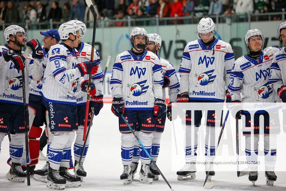 Mannheim players celebrate at the end of the game, Augsburger Panther vs. Adler Mannheim, Matchday 9, Ice Hockey, Penny DEL, October 16, 2026, Augsburg, Bavaria, Germany