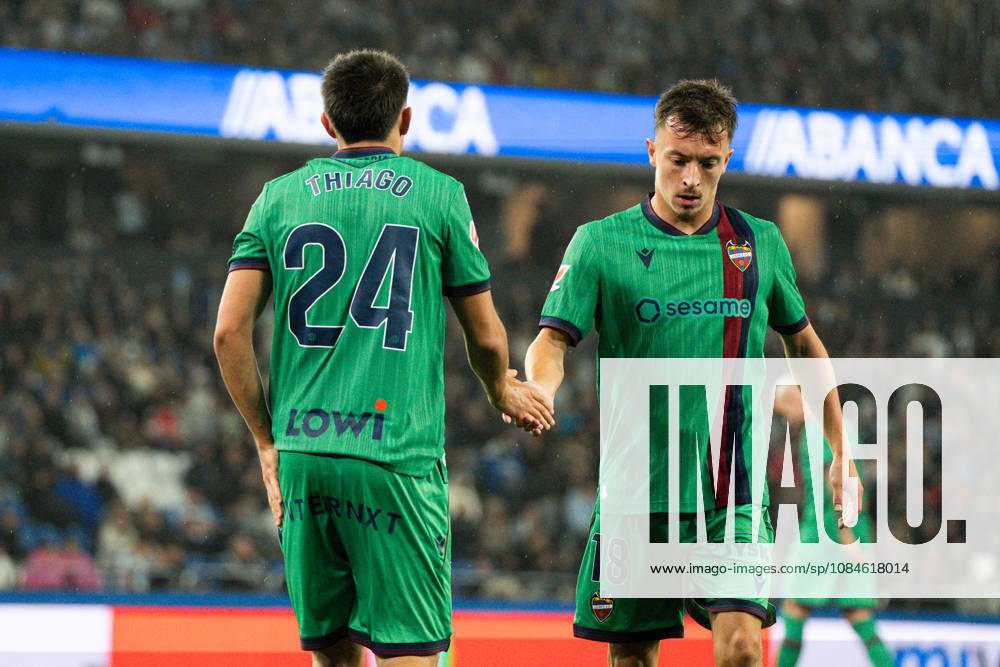 Thiago Fernandez and Enzo Bardeli seen during LaLiga EA Sports 2026-27 matchday 9 game between Deportivo de A Coruna and Levante UD played at ABanca Riazor Stadium in A Coruna (Marta Lopez Ball Raw Images) A Coruna Estadio ABanca Riazor Spain