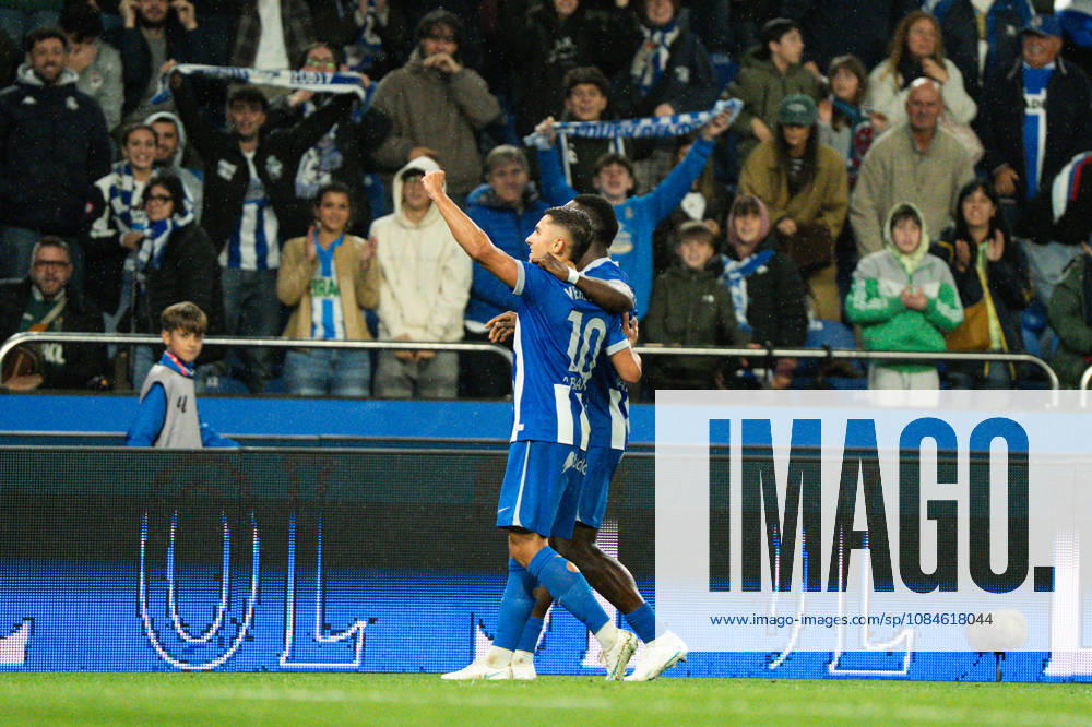 Bil Nsongo and Yeremay Hernandez celebrating goal seen during LaLiga EA Sports 2026-27 matchday 9 game between Deportivo de A Coruna and Levante UD played at ABanca Riazor Stadium in A Coruna (Marta Lopez Ball Raw Images) A Coruna Estadio ABanca Riazor Spain