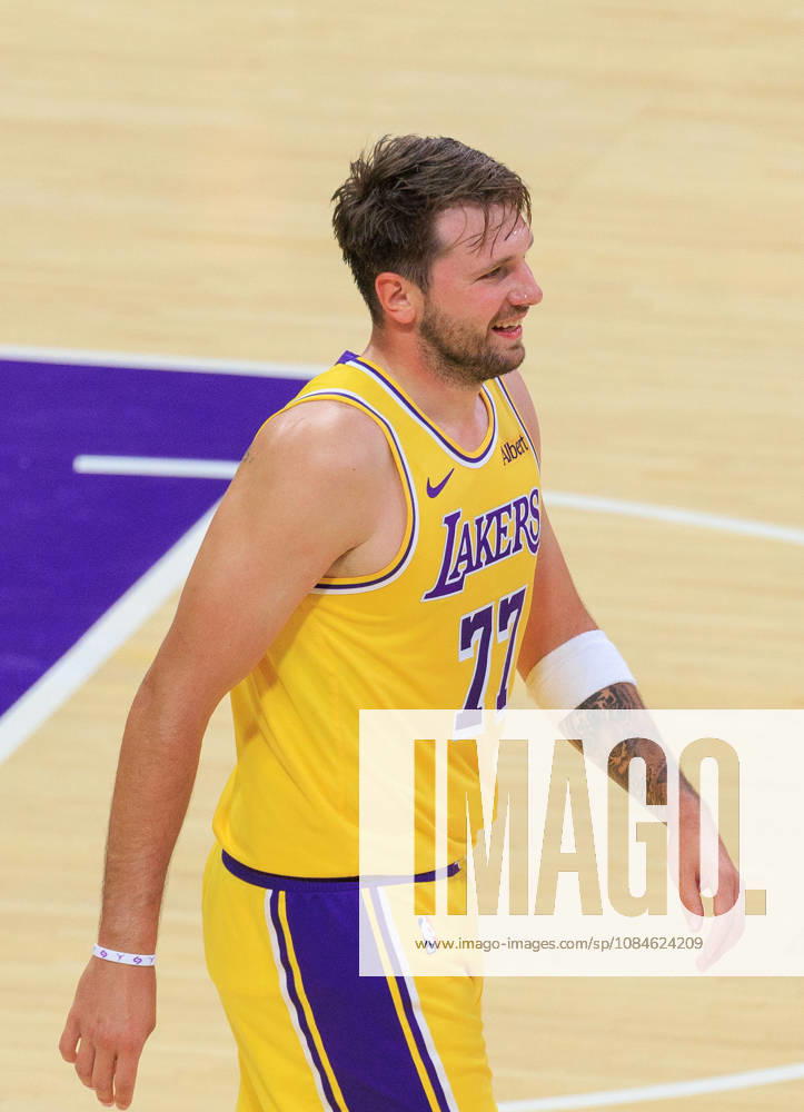 Luka Doncic 77 of the Los Angeles Lakers reacts after making his first three-point shot during a preseason NBA, Basketball Herren, USA game against the Denver Nuggets on Friday October 16, 2026 at Crypto.com Arena in Los Angeles, California. Lakers lose to Nuggets, 106-121. JAVIER ROJAS PI Lakers Vs. Nuggets - Preseason - ZUMAp124 20261016_zaa_p124_049