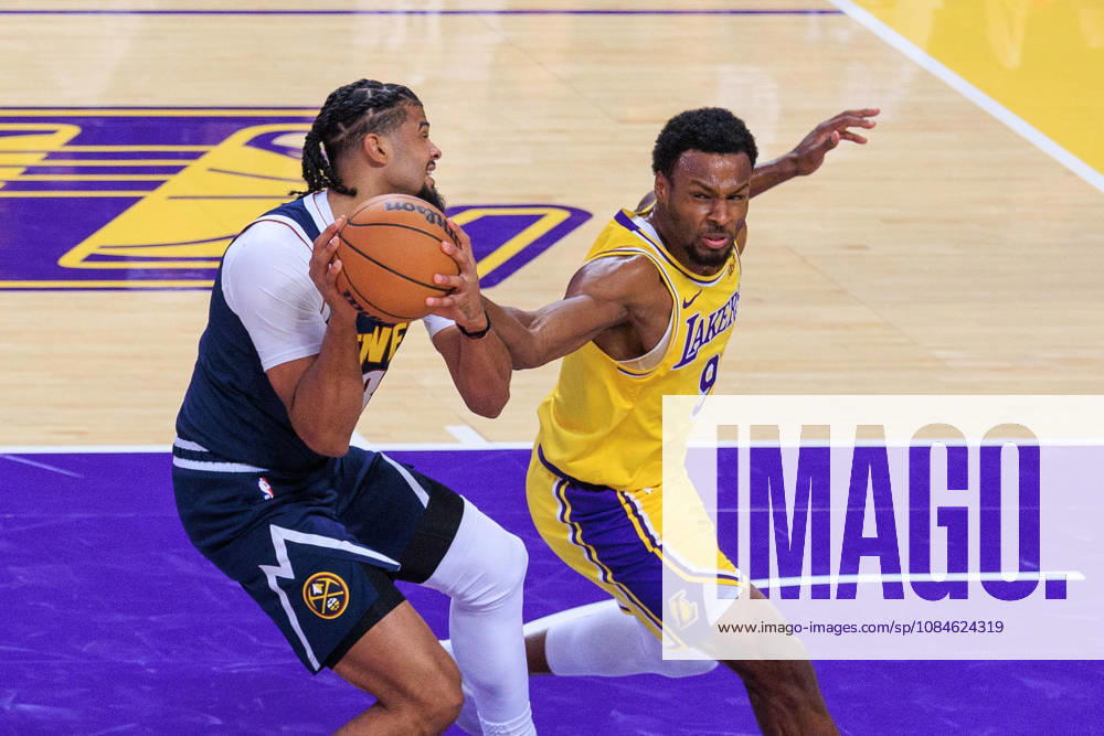 Bronny James 9 of the Los Angeles Lakers defends against DeMar DeRozan 10 of the Denver Nuggets during a preseason NBA, Basketball Herren, USA game on Friday October 16, 2026 at Crypto.com Arena in Los Angeles, California. Lakers lose to Nuggets, 106-121. JAVIER ROJAS PI Lakers Vs. Nuggets - Preseason - ZUMAp124 20261016_zaa_p124_061