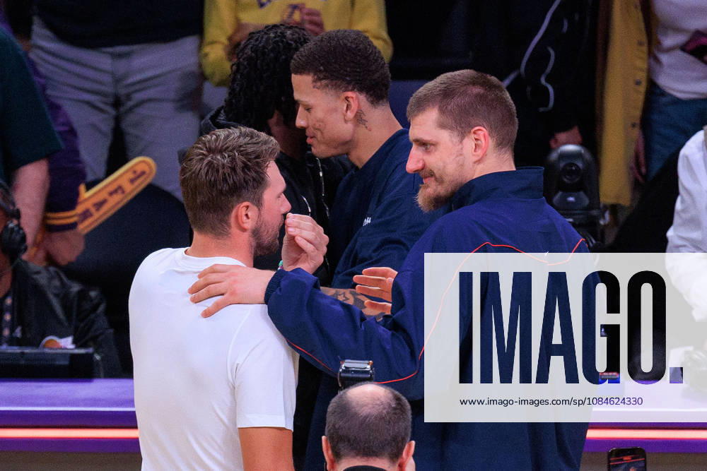 Luka Doncic 77 of the Los Angeles Lakers and Nikola Jokic 15 of the Denver Nuggets interact after a preseason NBA, Basketball Herren, USA game on Friday October 16, 2026 at Crypto.com Arena in Los Angeles, California. Lakers lose to Nuggets, 106-121. JAVIER ROJAS PI Lakers Vs. Nuggets - Preseason - ZUMAp124 20261016_zaa_p124_067