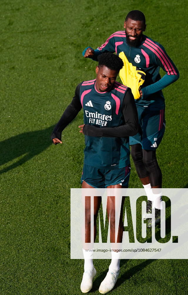 Antonio Rudiger and Aurelien Tchouameni during the training day of Real Madrid ahead the Spanish League, LaLiga EA Sports, football match against Sevilla FC at Ciudad Deportiva Real Madrid on October 17, 2026, in Valdebebas, Madrid, Spain. Real Madrid Training And press conference, PK, Pressekonferenz - LaLiga Ea Sports - ZUMAa181 20261017_zaa_a181_067