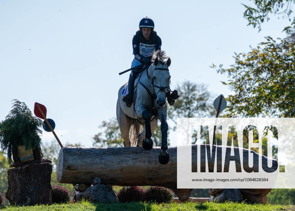 MONDIAL DU LION 2026 - CROSS COUNTRY LE LION-D ANGERS, FRANCE - OCTOBER 17, 2026 : Nicolas Touzaint riding Kovu de Belle Croix during the cross-country competition at the Mondial du Lion 2026, FEI WBFSH Eventing World Breeding Championship for Young Horses. Le Lion-d AngersFrance