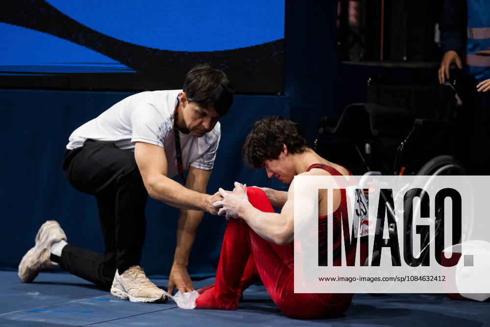 Savelii Sieedin of Russia is injured while competing in the men’s qualifying round on the first day of the 2026 Artistic Gymnastics World Championships on October 17, 2026 in Rotterdam. Photo by Joel Marklund, BILDBYRÅN, code JM JM0859. bbeng artistic gymnastics gymnastics world championships injury russia