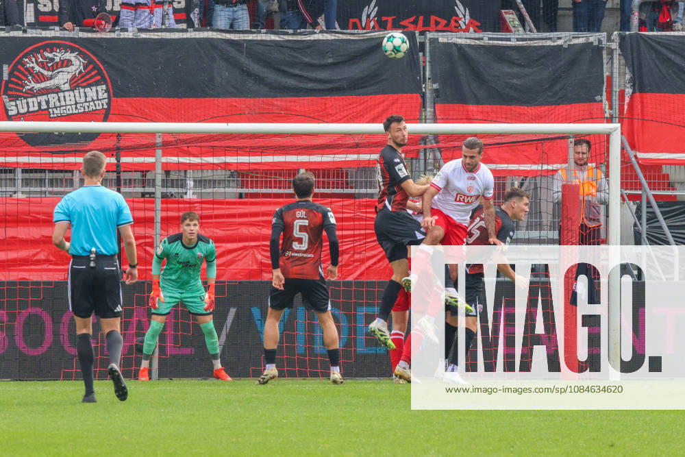 Lukas Froede of FC Ingolstadt 04, No. 34, wins a header here during the match between FC Ingolstadt 04 and Rot Weiss Essen on October 17, 2026, DFB regulations prohibit any use of photographs as image sequences and or quasi-video. GER, Soccer, 3. Liga, Matchday 10, FC Ingolstadt 04 vs. Rot-Weiss Essen, October 17, 2026, Audi Sportpark Ingolstadt