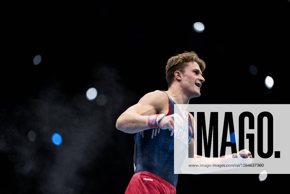 Sebastian Sponevik of Norway celebrates while competing in the men’s qualifying round on the first day of the 2026 Artistic Gymnastics World Championships on October 17, 2026 in Rotterdam. Photo by Joel Marklund, BILDBYRÅN, code JM JM0859. bbeng artistic gymnastics gymnastics world championships bbeng artistic gymnastics gymnastics world championships celebration Norway celebrates
