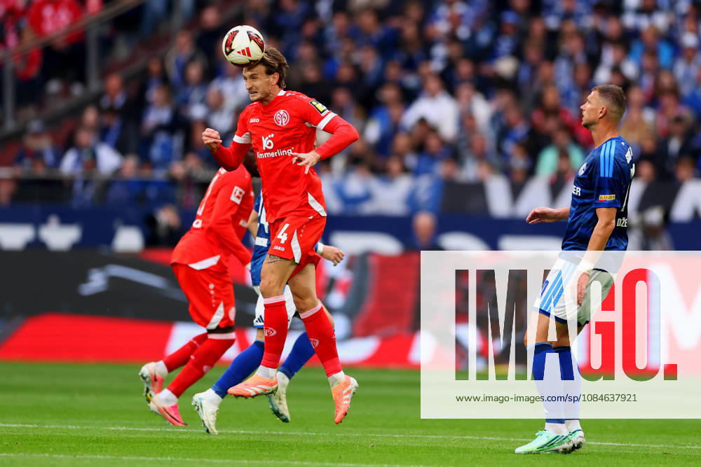 Stefan Posch of FSV Mainz 05 heads the ball during the Bundesliga 2026 27 match between FC Schalke 04 and FSV Mainz 05 at Veltins-Arena on October 17, 2026 in Gelsenkirchen, Germany.