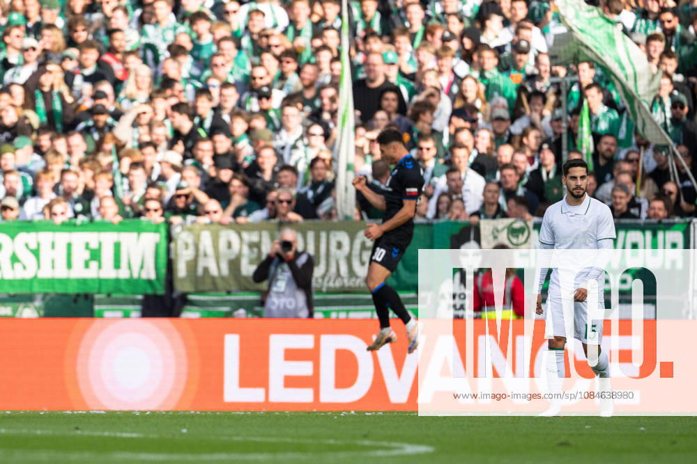 Goal: 0-1 Stefano Marino, SC Paderborn 07, 30 celebrates, Ludovit Reis, SV Werder Bremen, 15, looks disappointed, GER, SV Werder Bremen vs. SC Paderborn 07, Soccer, Bundesliga, Matchday 6, 2026–2027 season, October 17, 2026 DFL regulations prohibit any use of photographs as image sequences and or quasi-video, GER, SV Werder Bremen vs. SC Paderborn 07, Soccer, Bundesliga, Matchday 6, 2026–2027 Season, October 17, 2026, Bremen
