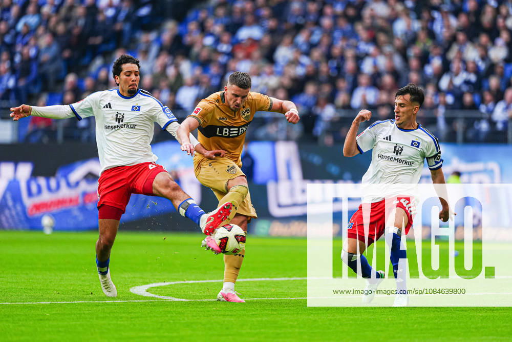 Bilal Nadir, Hamburger SV, 04; Ermedin Demirovic, VfB Stuttgart, 09; Nicolas Capaldo, Hamburger SV, 24 GER; Hamburger SV vs. VfB Stuttgart, soccer, Bundesliga 1, Matchday 06, 2026–2027 season, October 17, 2026 DFL regulations prohibit any use of photographs as image sequences and or quasi-video GER, Hamburger SV vs. VfB Stuttgart, soccer, 1. Bundesliga, Matchday 6, 2026–2027 season, October 17, 2026, Hamburg