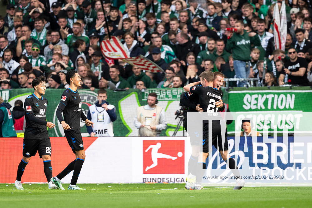Goal to make it 0–2: Steffen Tigges (SC Paderborn 07, 27) celebrates with Jano ter Horst (SC Paderborn 07, 21), GER, SV Werder Bremen vs. SC Paderborn 07, Soccer, Bundesliga, Matchday 6, 2026–2027 Season, October 17, 2026 DFL regulations prohibit any use of photographs as image sequences and or quasi-video GER, SV Werder Bremen vs. SC Paderborn 07, Soccer, Bundesliga, Matchday 6, 2026–2027 Season, October 17, 2026, Bremen