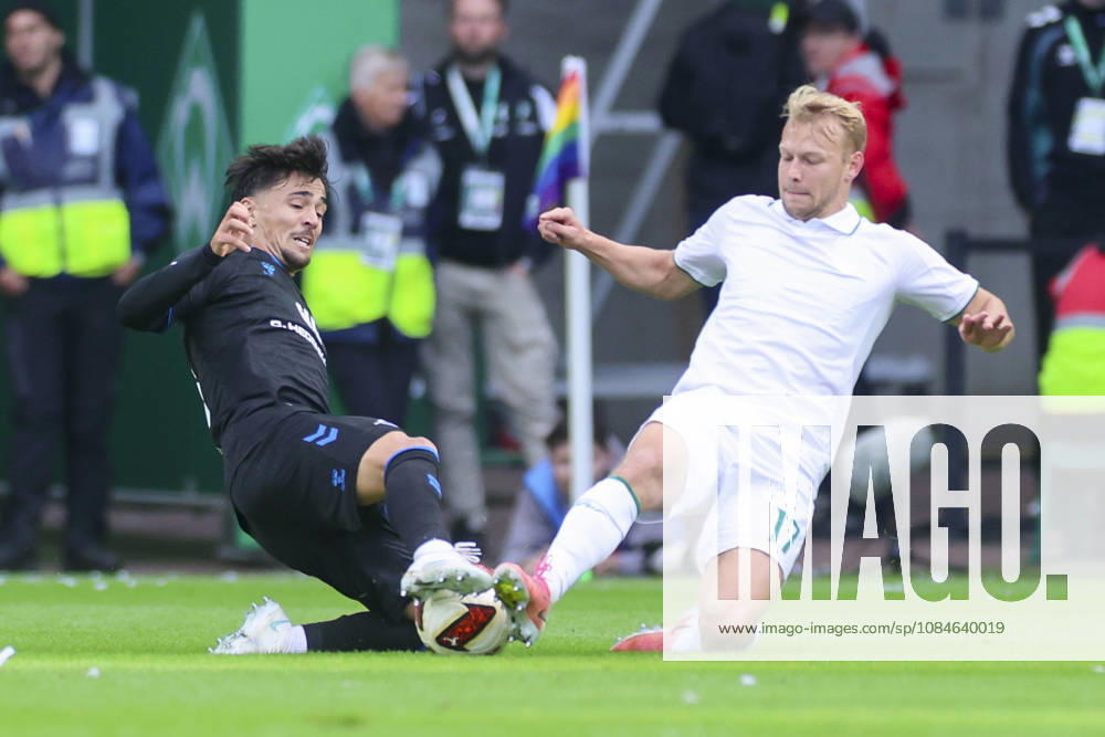 Laurin Ulrich of SC Paderborn 07 and Marco Gruell of Werder Bremen battle for the ball during the Bundesliga 1 match between SV Werder Bremen and SC Paderborn 07 at Weserstadion on October 17, 2026, in Bremen, Germany. Photo by Marco Steinbrenner, DeFodi Images. Laurin Ulrich of SC Paderborn 07 and Marco Gruell of Werder Bremen battle for the ball during the Bundesliga match between SV Werder Bremen and SC Paderborn 07 at Weserstadion on October 17, 2026 in Bremen, Germany. Photo by Marco Steinbrenner, DeFodi Images. DFB and DFL regulations prohibit any use of photographs as image sequences and or quasi-video. Photo by Marco Steinbrenner, DeFodi Images.
