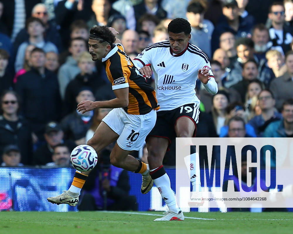 Mohamed Belloumi of Hull City fouled by Shea Charles of Fulham during the Premier League match between Fulham and Hull City at Craven Cottage on October 17, 2026 in London, England.