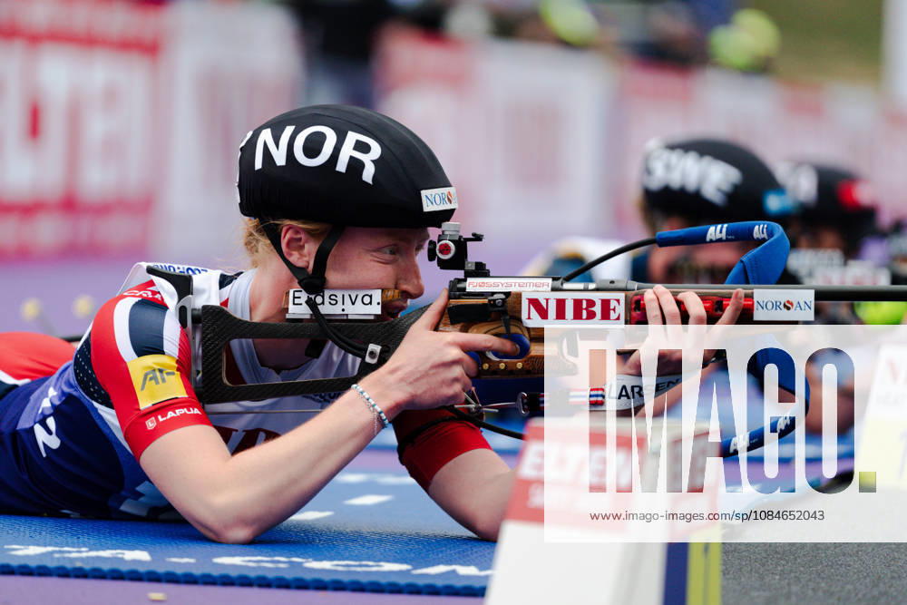 GER, Biathlon, Women, IBU Biathlon Loop One Festival 2026, 2026–2027 Season, Women’s Super Sprint Final: Maren Kirkeeide (NOR), 12 in the prone shooting stage, Munich Olympic Park, Bavaria, Germany