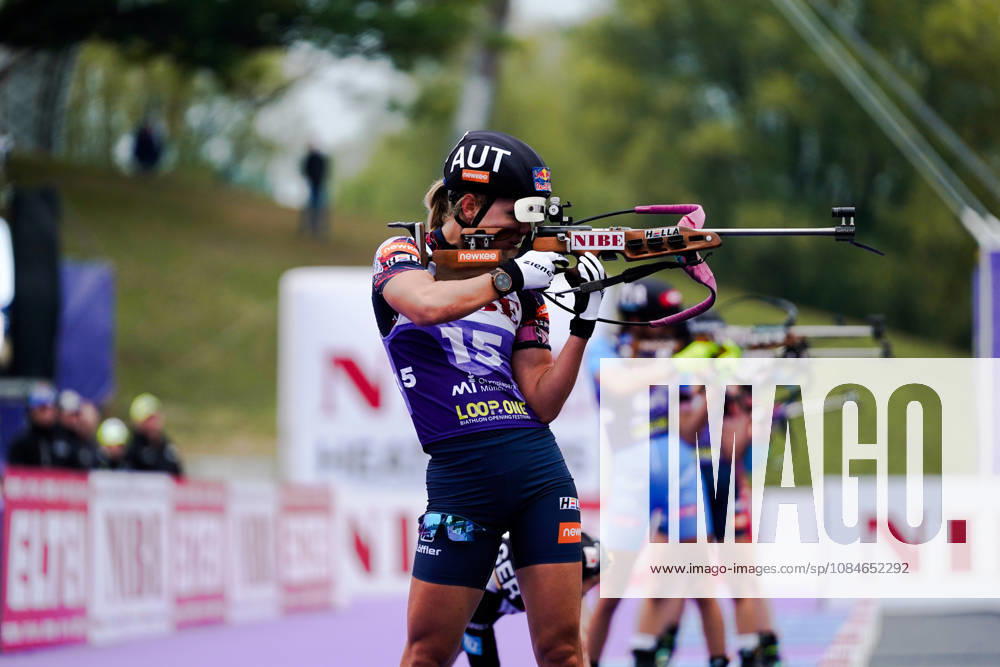 GER, Biathlon, Women, IBU Biathlon Loop One Festival 2026, 2026–2027 Season, Women’s Super Sprint Final: Anna Gandler (AUT), 15 in the standing shooting stage, Munich Olympic Park, Bavaria, Germany