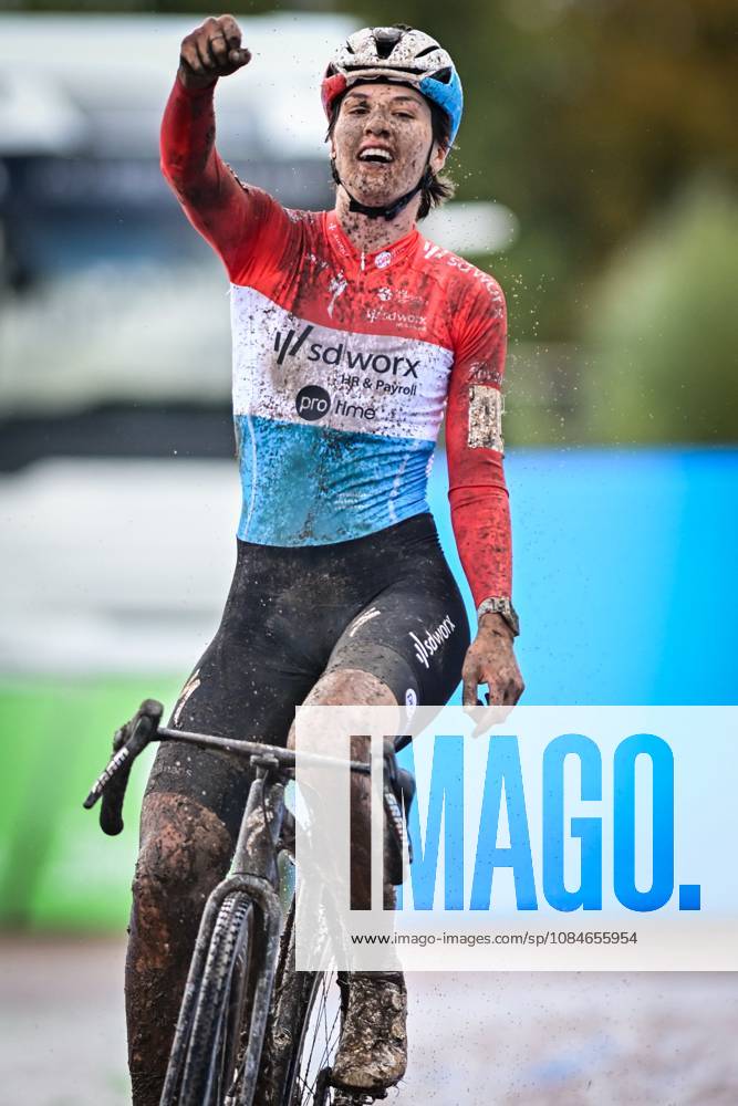 Luxembourgian Marie Schreiber of SD Worx-Protime celebrates as she crosses the finish line to win the women s elite race of the Berencross Meulebeke cyclocross cycling event, race 2 8 in the HG Cross competition, on Saturday 17 October 2026. DAVIDxPINTENS x190096412x