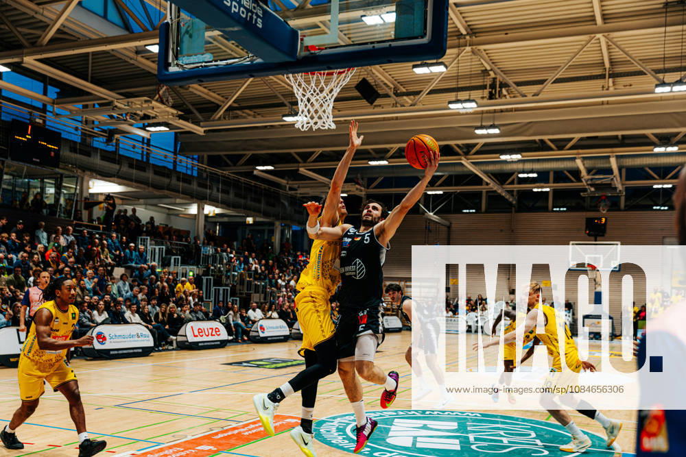 Matej Silic, Paderborn Baskets, No. 05, in mid-air against Christoph Philipps, GER, Kreisbau Knights vs. SBB Baskets, Basketball, ProA, Matchday 1, 2026–2027 season, September 26, 2026 GER, Kreisbau Kirchheim Knights vs. Paderborn Baskets, Basketball, ProA, Matchday 5, 2026–2027 season, October 17, 2026 Kirchheim
