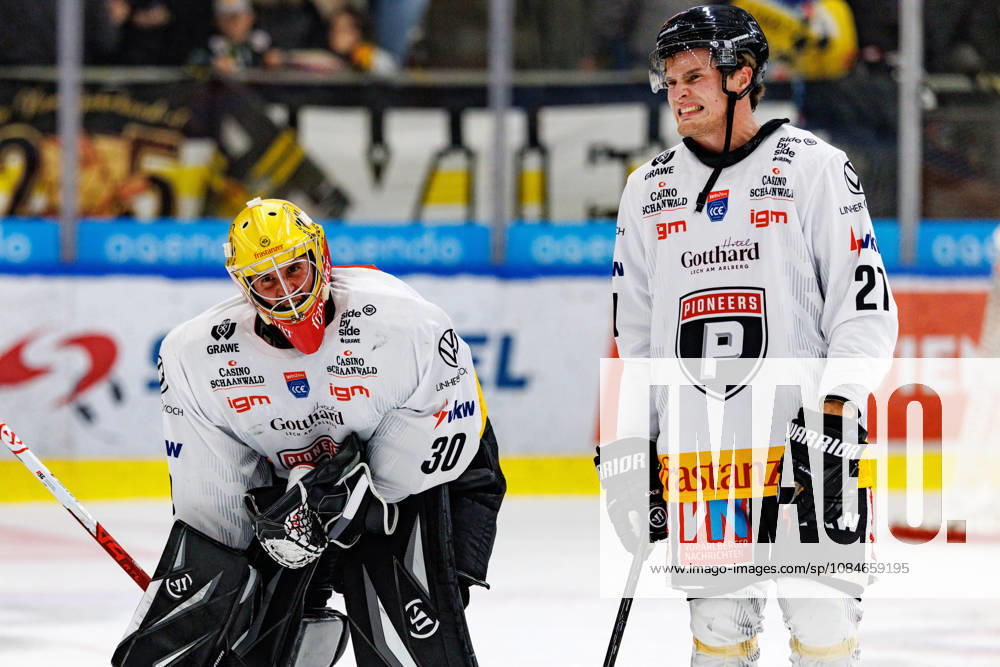 VIENNA, AUSTRIA - 17 OCTOBER 2026: Image shows the disappointment of Caffi Alex (Pioneers Vorarlberg, 30) and Wetzl Niklas (Pioneers Vorarlberg, 27) during win2day Ice hockey, Eishockey League 2026 27 Regular Season: Vienna Capitals vs Pioneers Vorarlberg at neuro.io arena on 17 10 2026 in Vienna, Austria. Austria