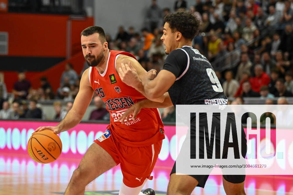 Viktor Kovacevic, Maxi Begue, Barmer 2 Basketball Bundesliga, Pro A, Matchday 5, 46ers, 2026–2027 Basketball Season, BBL, Germany, Giessen 46ers vs. RheinStars Cologne, Giessen in red, Men s, Cologne in black