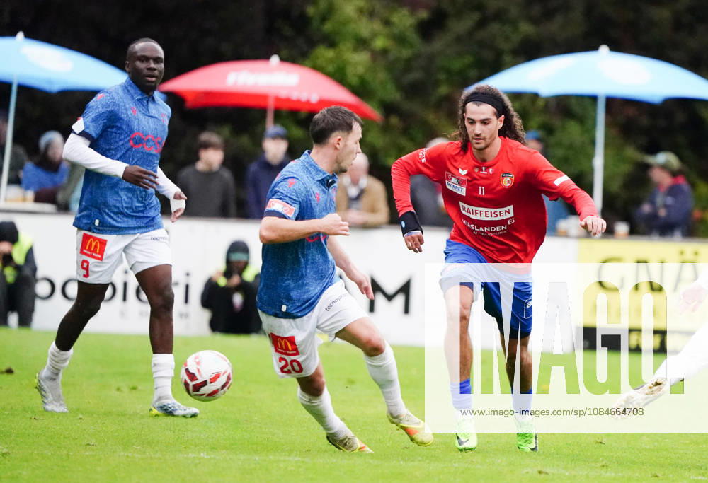 Cham, Switzerland; Men s Soccer, 2026–2027 Season, Swiss Cup, Round 2, SC Cham vs. FC Sion, 0–2; Photo: Josias Lukembila and Nias Hefti (FC Sion) vs. Marin Wiskemann (SC Cham); Reaction