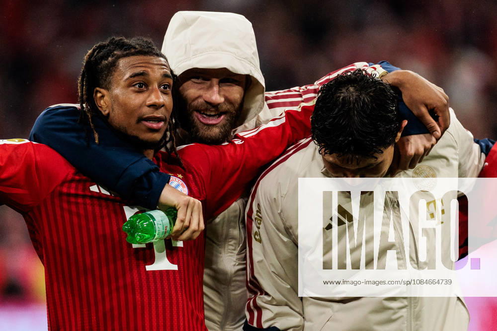 Konrad Laimer (FC Bayern Muenchen, 27) hugging Michael Olise (FC Bayern Muenchen, 17) from behind after the Bundesliga match between FC Bayern Muenchen vs. RB Leipzig at Allianz Arena on matchday 6 of the 1. Bundesliga on October 17, 2026 in Munich, Germany. DFL REGULATIONS PROHIBIT ANY USE OF PHOTOGRAPHS AS IMAGE SEQUENCES AND OR QUASI-VIDEO. Bavaria Germany