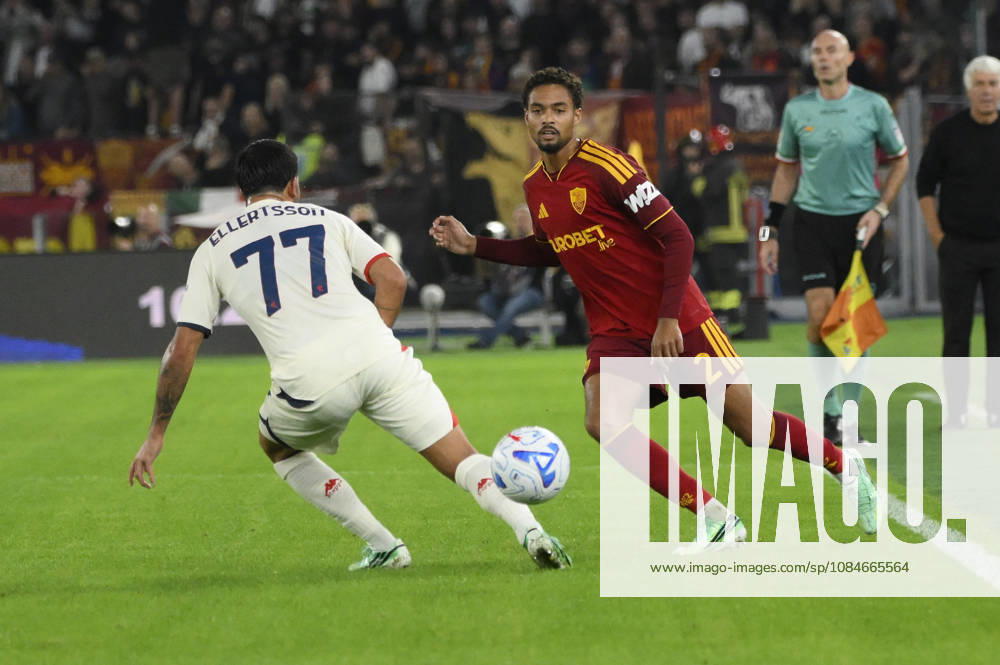Roma’s Devyne Rensch fights for the ball with Genoa’s Mikael Egill Ellertsson during the Serie A Enilive soccer match between AS Roma and Genoa at the Rome s Olympic stadium, Italy - October 17, 2026. - Soccer.