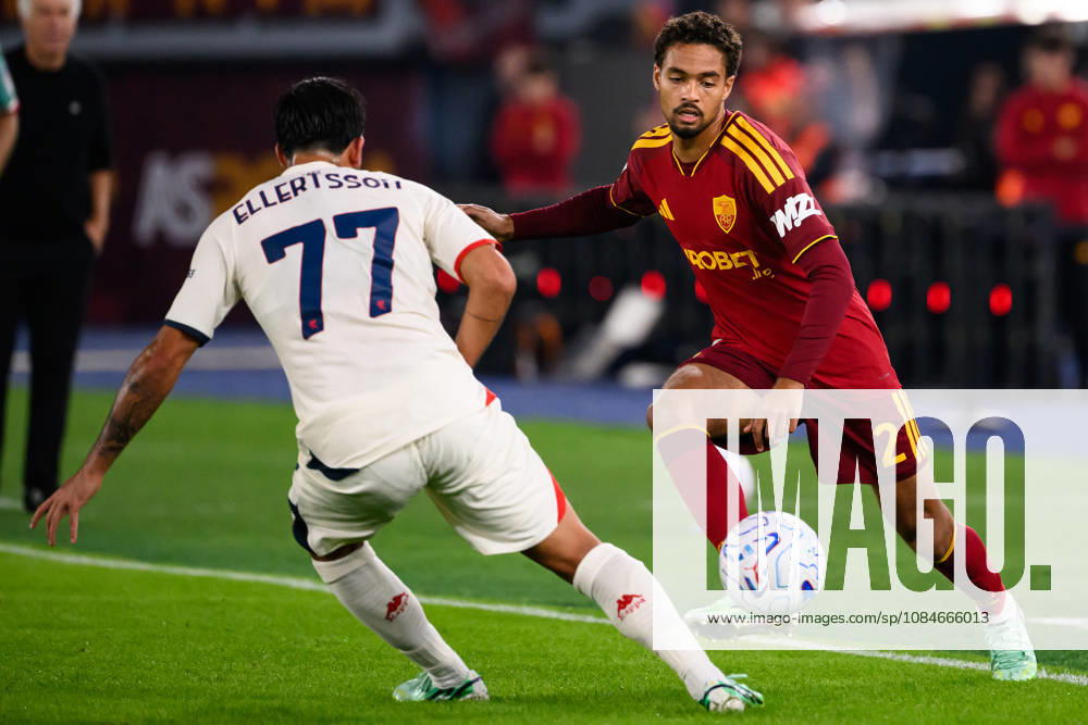 Mikael Egill Ellertsson of Genoa CFC and Devyne Rensch of AS Roma during the Serie A 2026 2027 football match between AS Roma and Genoa CFC at Stadio Olimpico in Rome (Italy), October 17, 2026. AndreaxStaccioli