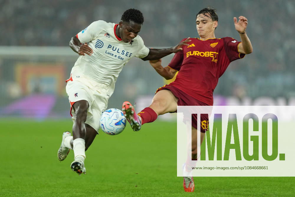 Samuel Wiafe of Genoa CFC and Niccolo Pisilli of AS Roma during the Serie A 2026 2027 football match between AS Roma and Genoa CFC at Stadio Olimpico in Rome (Italy), October 17, 2026. antoniettaxbaldassarre