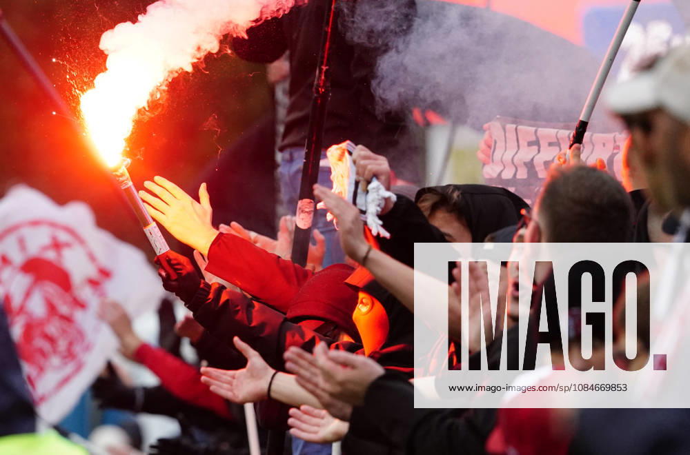 Cham, Switzerland, Men s Soccer, 2026–2027 Season, Swiss Cup, Round 2, SC Cham vs. FC Sion, 0–2. Photo: FC Sion away fans setting off pyrotechnics and Bengal flares. Fan culture.