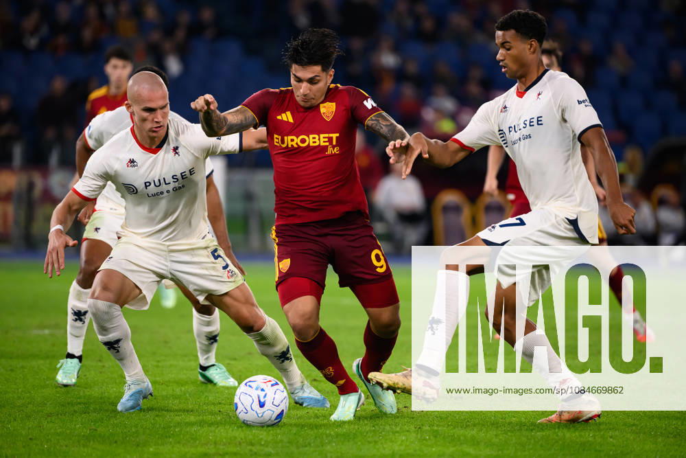 Leo Ostigard of Genoa CFC, Santiago Castro of AS Roma, Alessandro Marcandalli of Genoa CFC compete for the ball during the Serie A 2026 2027 football match between AS Roma and Genoa CFC at Stadio Olimpico in Rome (Italy), October 17, 2026. AndreaxStaccioli