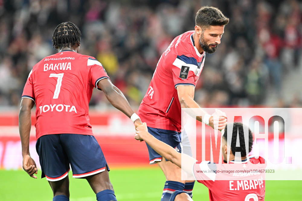 Lille OSC vs Brest Dilane Bakwa (7) of Lille, Olivier Giroud (9) of Lille and Ethan Mbappe (8) of Lille pictured during the French Mc Donalds Ligue 1 season 2026 - 2027 matchday 7 game between Lille OSC and Stade Brest on October 17 , 2026 in Lille, France. (Photo by Jill Delsaux Isosport) Lille France