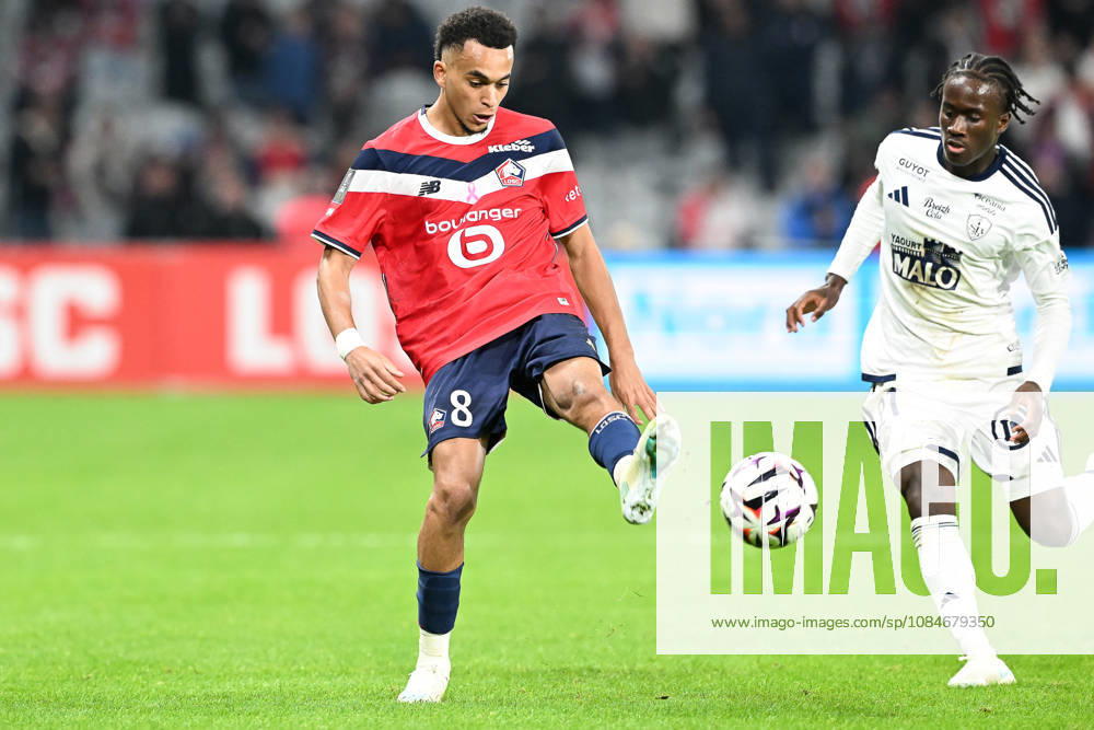 Lille OSC vs Brest Ethan Mbappe (8) of Lille and Joseph Nonge (7) of Brest pictured during the French Mc Donalds Ligue 1 season 2026 - 2027 matchday 7 game between Lille OSC and Stade Brest on October 17 , 2026 in Lille, France. (Photo by Jill Delsaux Isosport) Lille France
