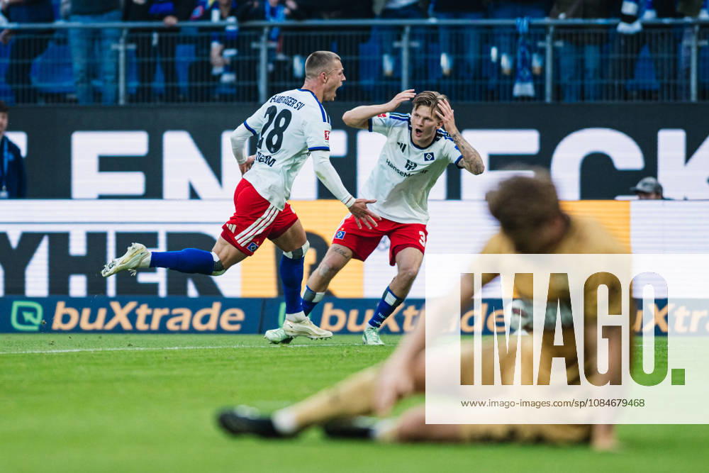 Bundesliga 1: Hamburger SV vs. VfB Stuttgart, October 17, 2026. GOAL: Celebration after Miro Muheim of Hamburger SV scores the 1-0 goal; David Moller Wolfe of Hamburger SV (No. 28) and another player (No. 3) can’t believe it; a VfB Stuttgart player is in the foreground. Soccer, 1st Bundesliga, Matchday 6: Hamburger SV vs. VfB Stuttgart on October 17, 2026, at the Volksparkstadion, Hamburg. DFL regulations prohibit any use of photographs as image sequences and or quasi-video.