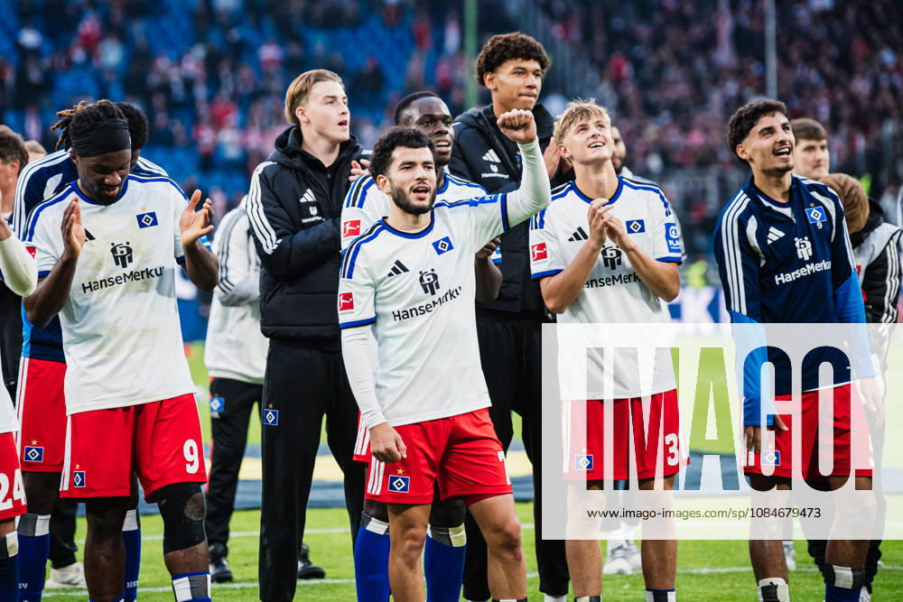 1 Bundesliga: Hamburger SV vs. VfB Stuttgart, October 17, 2026; Hamburger SV celebrates with fans after the game; Zakaria El Ouahdi, Hamburger SV; 7 Soccer, 1st Bundesliga, Matchday 6: Hamburger SV vs. VfB Stuttgart on October 17, 2026, at the Volksparkstadion, Hamburg. DFL regulations prohibit any use of photographs as image sequences and or quasi-video.
