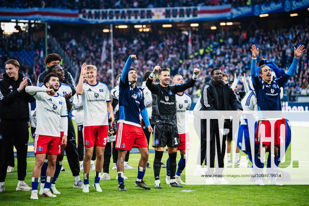 1 Bundesliga: Hamburger SV vs. VfB Stuttgart, October 17, 2026. Hamburger SV celebrates with the fans after the game; pictured here are Zakaria El Ouahdi (Hamburger SV, 7) and Louis Lemke (Hamburger SV, 37), Martin Adeline, Hamburger SV, 5; Daniel Heuer Fernandes, Hamburger SV, 1; Bakker Jatta, Yussuf Poulsen, Hamburger SV, 15; Soccer, Bundesliga Matchday 6: Hamburger SV vs. VfB Stuttgart on October 17, 2026, at the Volksparkstadion, Hamburg. DFL regulations prohibit any use of photographs as image sequences and or quasi-video.