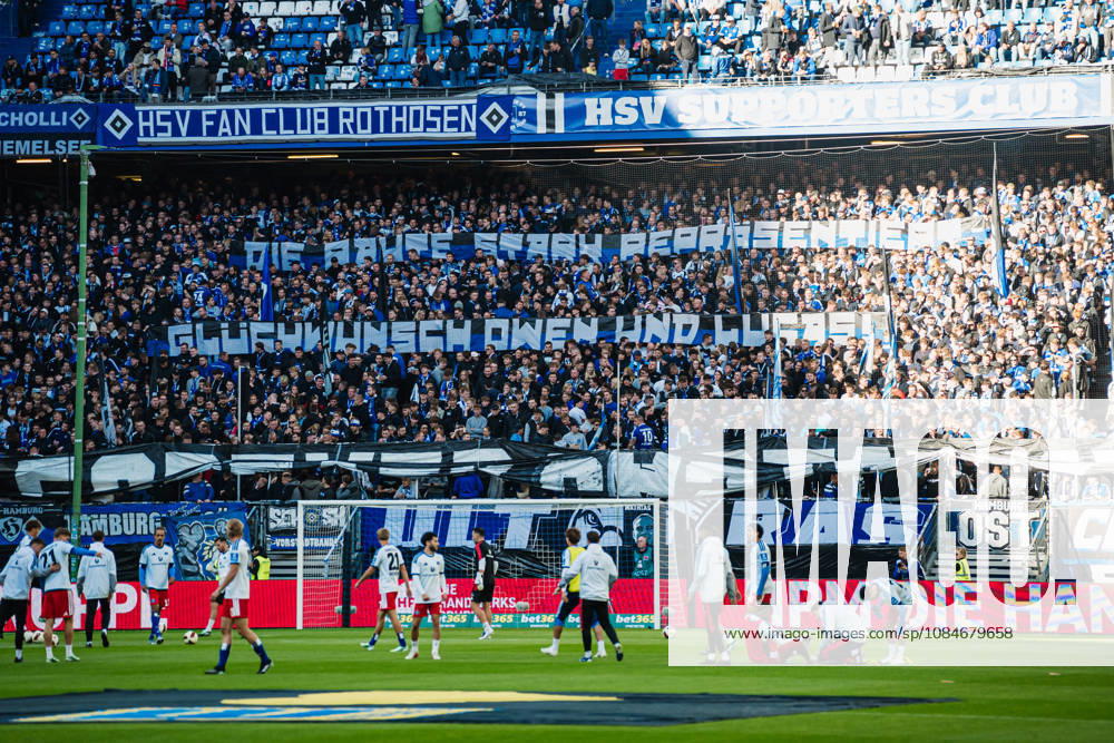 Bundesliga Match: Hamburger SV vs. VfB Stuttgart, October 17, 2026; North Stand with a banner proudly displaying the diamond logo; Congratulations to Owen and Lucas; Soccer, 1st Bundesliga, Matchday 6: Hamburger SV vs. VfB Stuttgart on October 17, 2026, at the Volksparkstadion, Hamburg. DFL regulations prohibit any use of photographs as image sequences and or quasi-video.