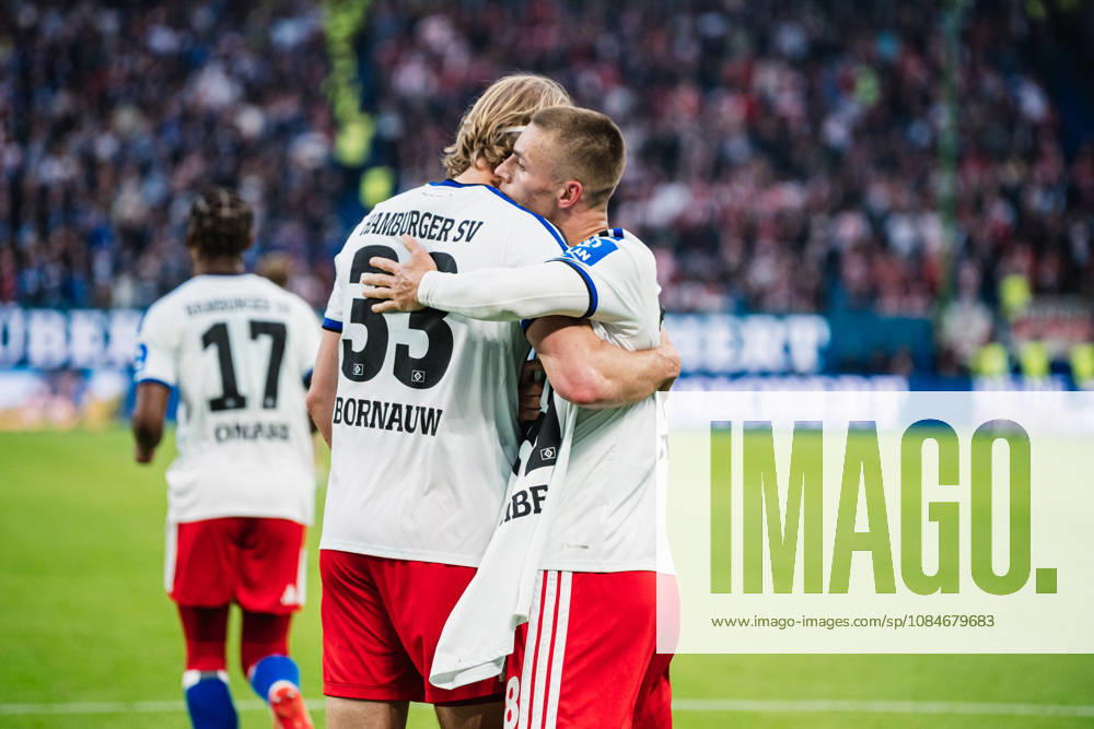 Bundesliga Match: Hamburger SV vs. VfB Stuttgart, October 17, 2026 GOAL, CELEBRATION after the 1-0 goal by Miro Muheim (Hamburger SV, 28), pictured here with Sebastiaan Bornauw (Hamburger SV, 33). Soccer, 1st Bundesliga, Matchday 6: Hamburger SV vs. VfB Stuttgart on October 17, 2026, at the Volksparkstadion, Hamburg. DFL regulations prohibit any use of photographs as image sequences and or quasi-video.
