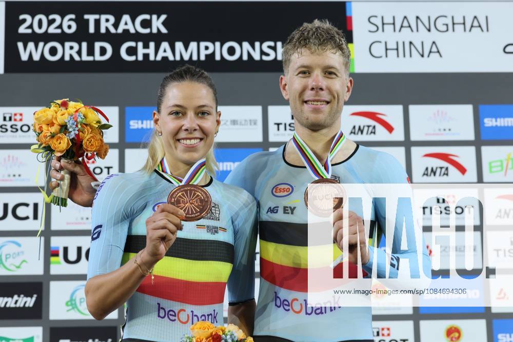 Belgians Shari Bossuyt and Jules Hesters celebrate on the podium with their bronze medals at the UCI Track cycling, Rad, Radsport, Bahnrad, Bahn World Championships in Shanghai, China on Sunday 18 October 2026. The worlds are taking place from 14 to 18 October 2026. BENOITxDOPPAGNE x0869834760stx