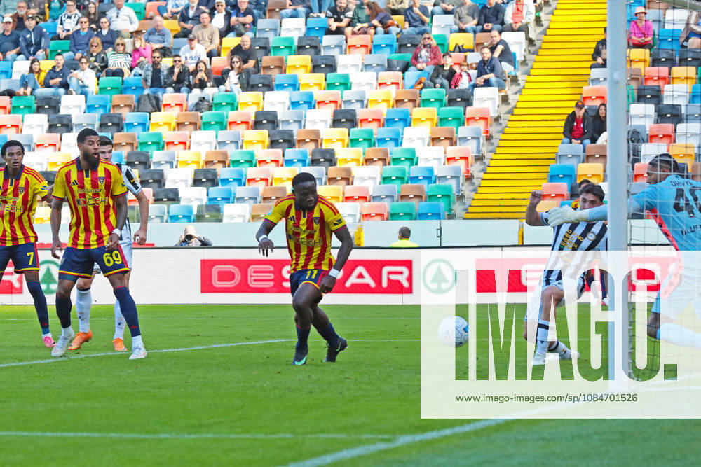 Lecce’s konan n dri celebrates after scoring the 2-0 goal for his team during the Serie A soccer match between Udinese and Lecce at the Friuli Stadium in Udine, north east Italy - October 18, 2026. - Soccer