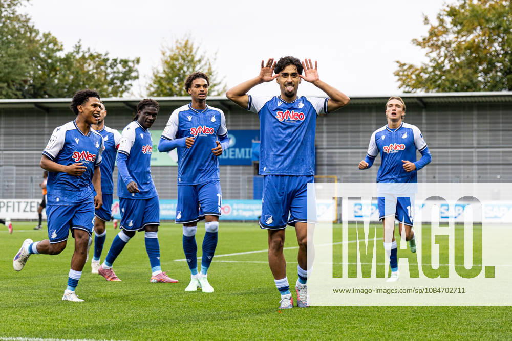 Germany: TSG Hoffenheim II vs. SC Verl, 3. Liga, 2026–27 season, Dietmar Hopp Stadium, Sinsheim. Yasin Zor of TSG Hoffenheim II (No. 10) celebrates with his teammates after scoring the 1–0 goal at the Dietmar Hopp Stadium in Sinsheim, Baden-Württemberg, Germany.