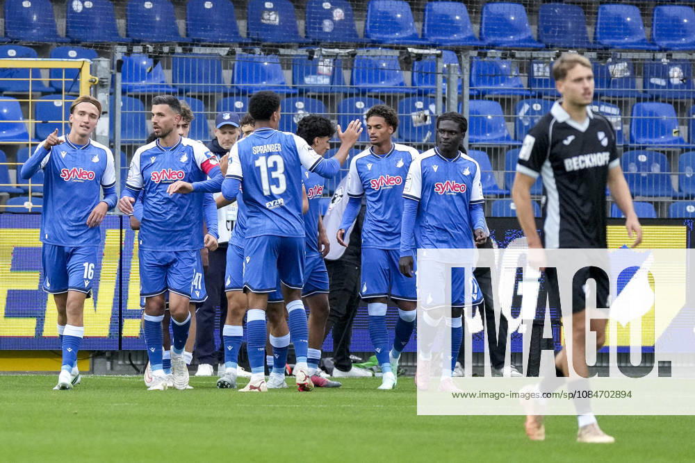 Players from TSG 1899 Hoffenheim II U23 celebrate the 1-0 goal, Celebration, goal celebration, goal scored, celebrating the goal, goal, celebration, cheering the goal, joy, happiness, happy, optimistic, positive, game scene, highlight, action, 18 10 2026, Sinsheim, Germany, soccer, 3. Liga, TSG 1899 Hoffenheim II vs. SC Verl, DFB and DFL regulations prohibit any use of photographs as image sequences and or quasi-video