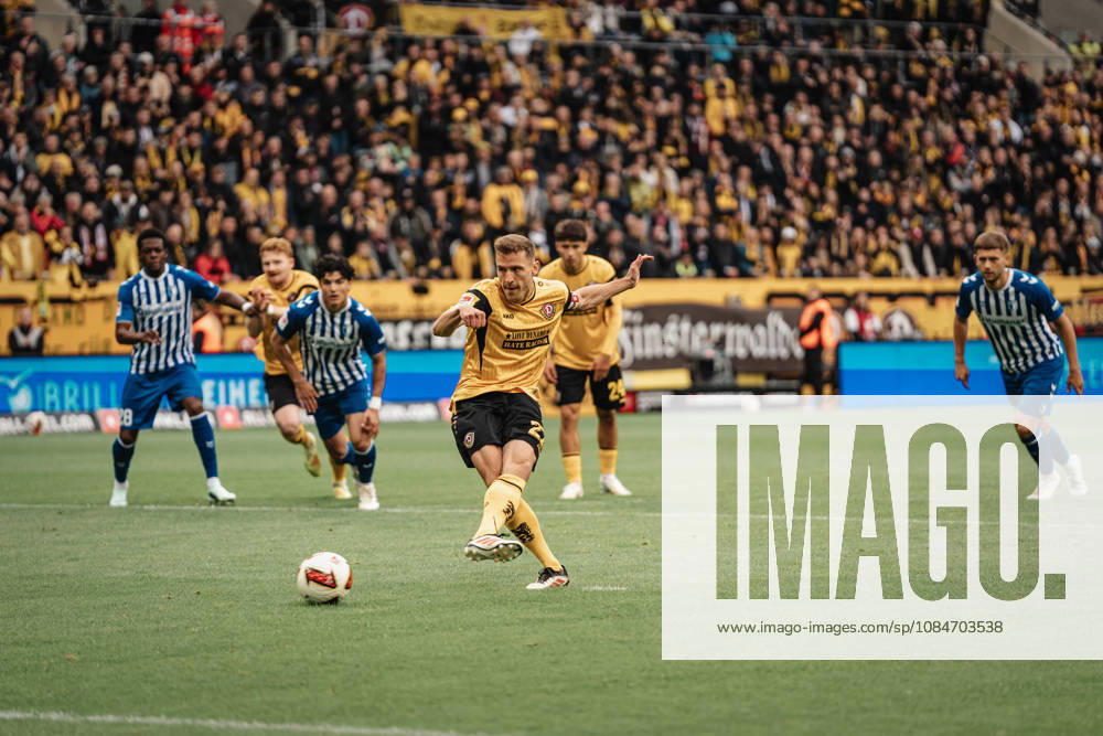 Pictured: Niklas Hauptmann, 27, of SG Dynamo Dresden scores from the penalty spot following a foul on October 18, 2026, in the match between SG Dynamo Dresden and 1. FC Magdeburg, Bundesliga Matchday 8, soccer, Germany, Dresden, Rudolf Harbig Stadium