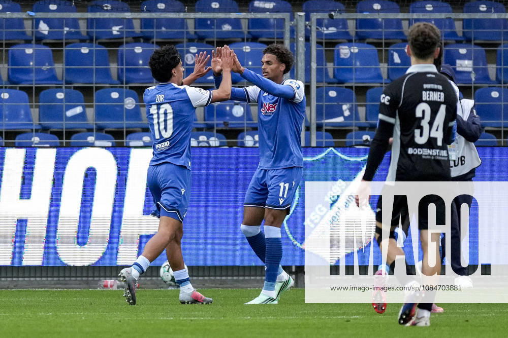 From left: Goal scorer Yasin Zor (TSG II), 10, Jykese Fields (TSG II), 11, players from TSG 1899 Hoffenheim II U23, celebrating the 2-0 goal, Celebration, goal celebration, scoring a goal, celebrating the goal, goal, celebration, celebrating the goal, joy, happiness, happy, optimistic, positive, game scene, highlight, action, 18 10 2026, Sinsheim, Germany, soccer, 3rd Division, TSG 1899 Hoffenheim II vs. SC Verl, DFB and DFL regulations prohibit any use of photographs as image sequences and or quasi-video