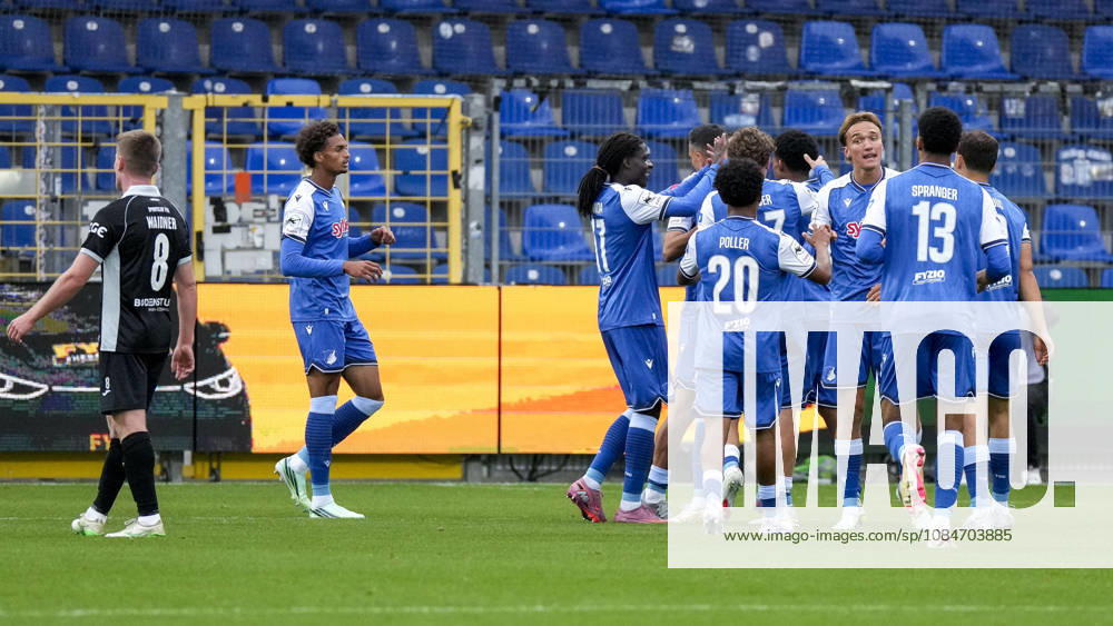 Players from TSG 1899 Hoffenheim II U23 celebrate the 2-0 goal, Celebration, goal celebration, goal scored, celebrating the goal, goal, celebration, cheering the goal, joy, happiness, happy, optimistic, positive, game scene, highlight, action, 18 10 2026, Sinsheim, Germany, soccer, 3. Liga, TSG 1899 Hoffenheim II vs. SC Verl, DFB and DFL regulations prohibit any use of photographs as image sequences and or quasi-video