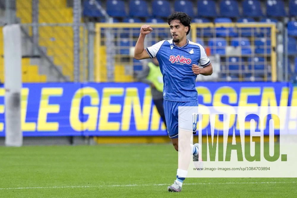 Goal scorer Yasin Zor (TSG II, 10), a player for TSG 1899 Hoffenheim II U23, celebrates the 2-0 goal; celebration, celebrating, goal celebration, goal scored, celebrate the goal, goal, celebration, celebrating the goal, joy, happiness, happy, optimistic, positive, game scene, highlight, cropped image, full-body shot, single image, single photo, action, 18 10 2026, Sinsheim, Germany, soccer, 3rd Division, TSG 1899 Hoffenheim II vs. SC Verl, DFB and DFL regulations prohibit any use of photographs as image sequences and or quasi-video