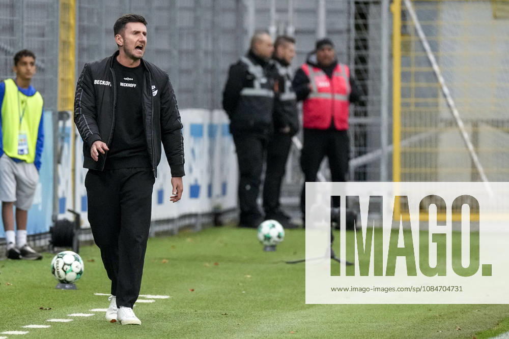 Orest Shala, Coach, Head Coach, SC Verl, cutout, Full-body, single image, single photo, action, is angry, shouting, screaming, on the sidelines, at the sideline, October 18, 2026, Sinsheim, Germany, soccer, 3. Liga, TSG 1899 Hoffenheim II vs. SC Verl, DFB and DFL regulations prohibit any use of photographs as image sequences and or quasi-video