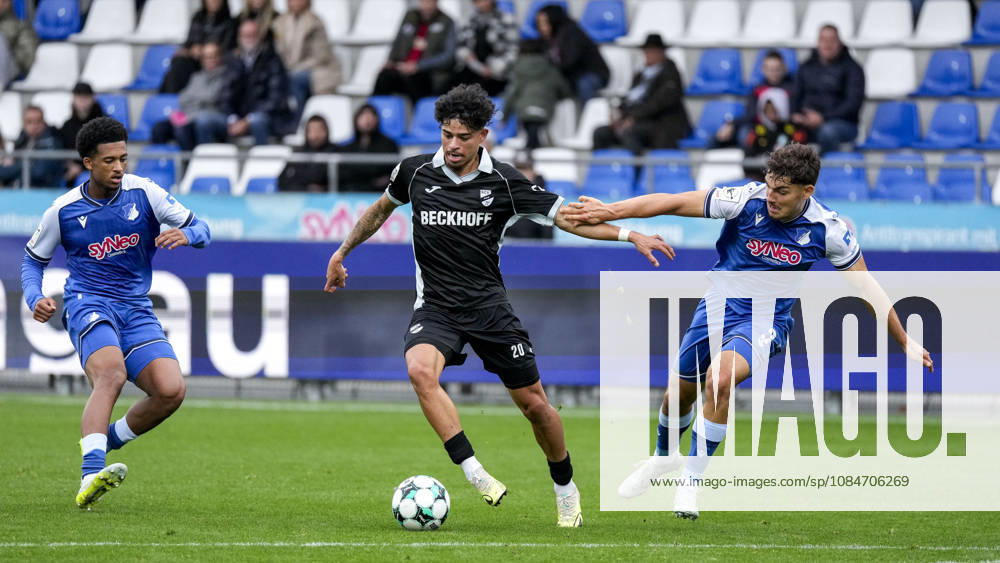 V li Natnael Abraha TSG II, 2, Andre Leipold Verl, 20, Sean Dulic TSG II, 3, tackle, game scene, duel, tackle, tackling, dynamics, action, 18 10 2026, Sinsheim, Germany, soccer, 3rd Division, TSG 1899 Hoffenheim II vs. SC Verl, DFB and DFL regulations prohibit any use of photographs as image sequences and or quasi-video