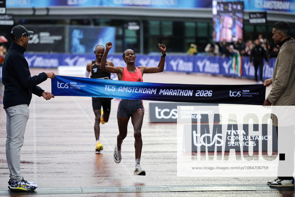 18th October 2026; Amsterdam, Netherlands; TCS Amsterdam Marathon; Buze Diriba of Ethiopia crosses the finish line to win the female elite race in a course record time of 2:16:12, the fastest women s marathon ever run in the Netherlands AnthonyxBenoit