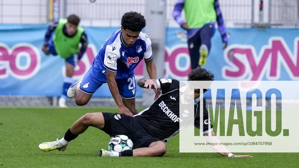 From left: Andre Leipold (Verl), 20, Tiago Poller (TSG II), 20, tackle, game scene, duel, tackle, tackling, dynamic, action, 18 10 2026, Sinsheim, Germany, soccer, 3rd Division, TSG 1899 Hoffenheim II vs. SC Verl, DFB and DFL regulations prohibit any use of photographs as image sequences and or quasi-video
